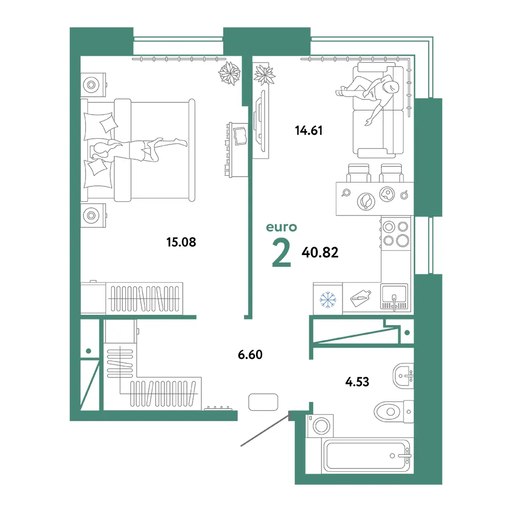 Планировка: Домашний 2-комнатная 40,82м²