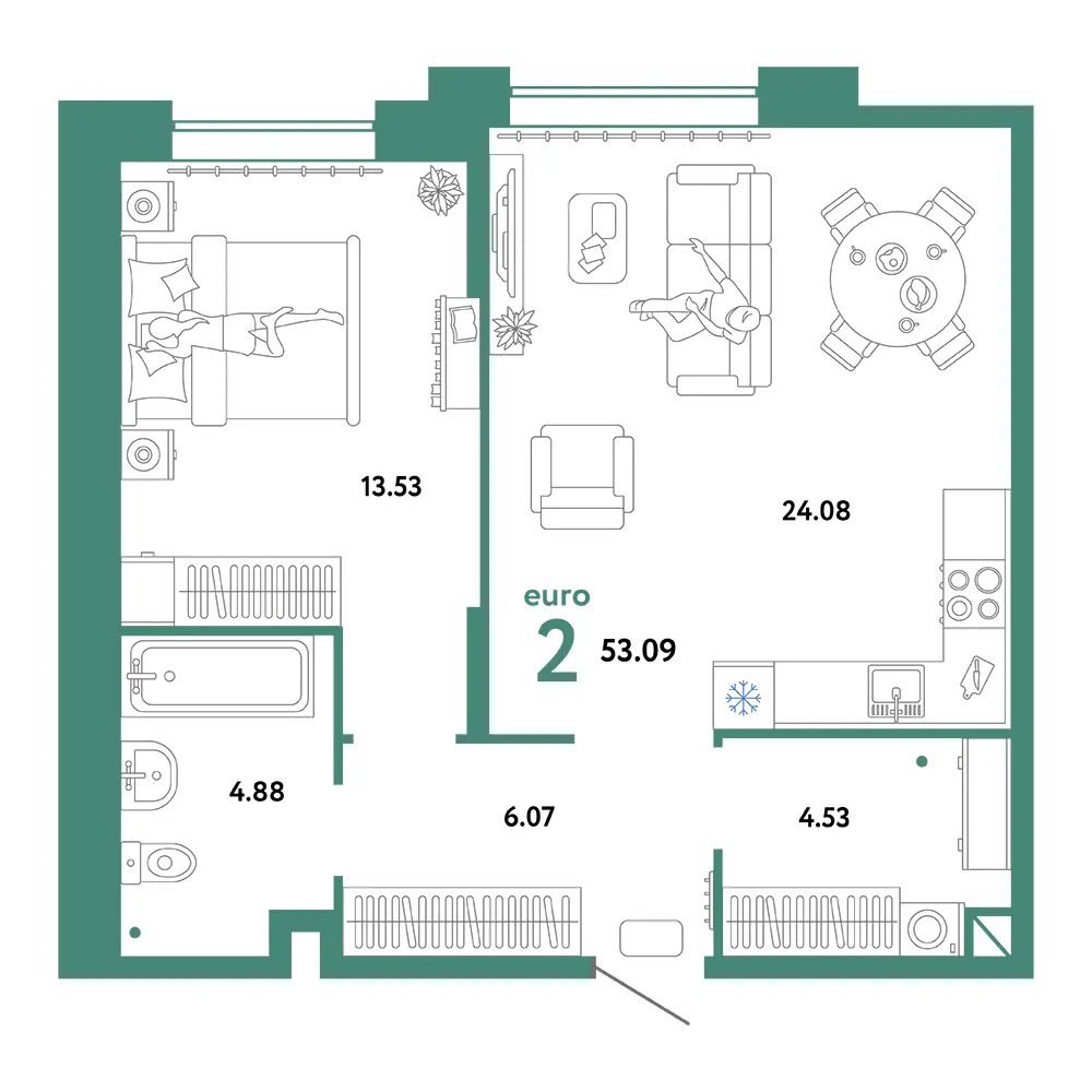 Планировка: Домашний 2-комнатная 53,09м²