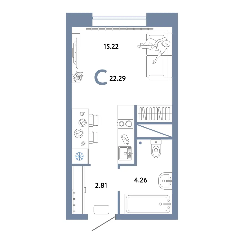 Планировка: Домашний Студия 22,29м²