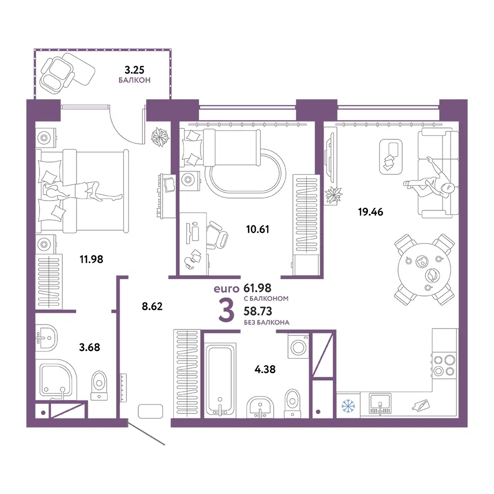 Планировка: Домашний 3-комнатная 61,98м²