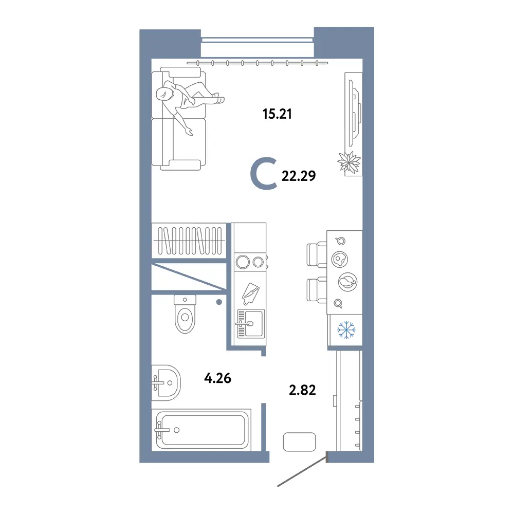 Планировка: Домашний Студия 22,29м²