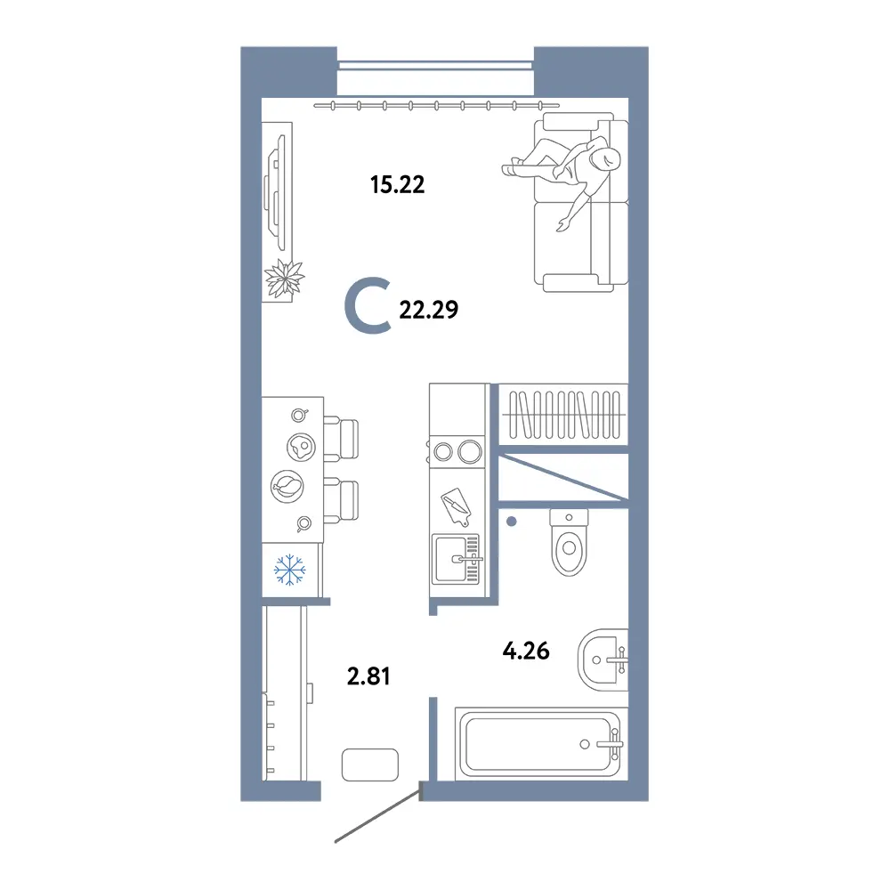 Планировка: Домашний Студия 22,29м²