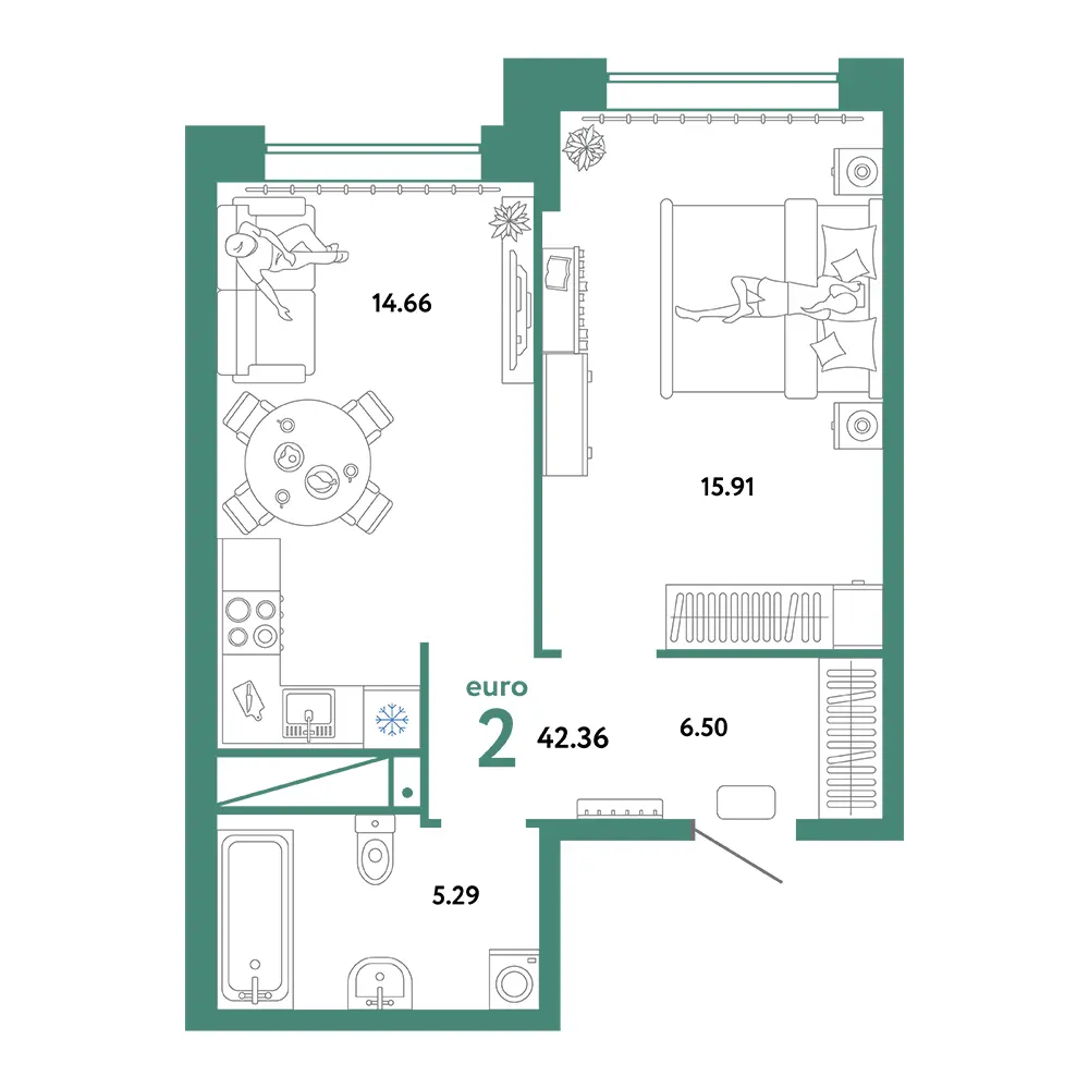 Планировка: Домашний 2-комнатная 42,36м²