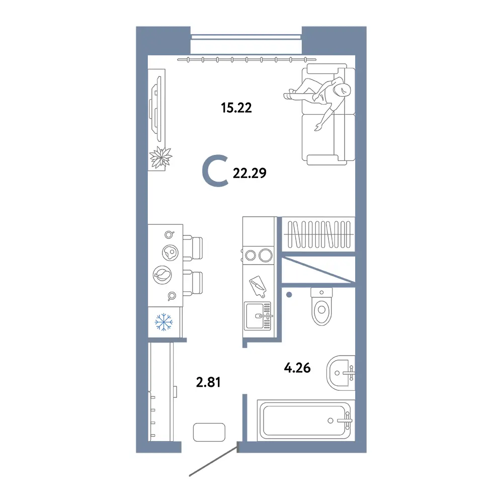 Планировка: Домашний Студия 22,29м²