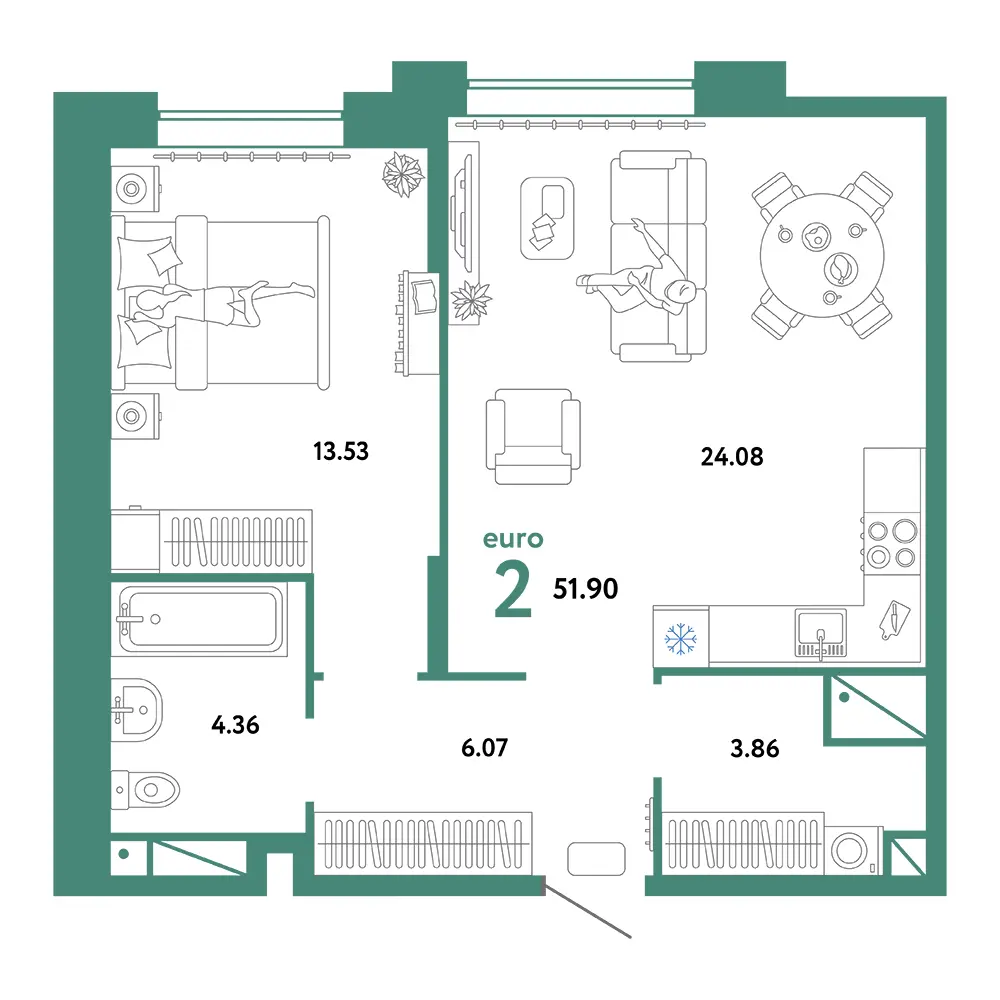 Планировка: Домашний 2-комнатная 51,90м²