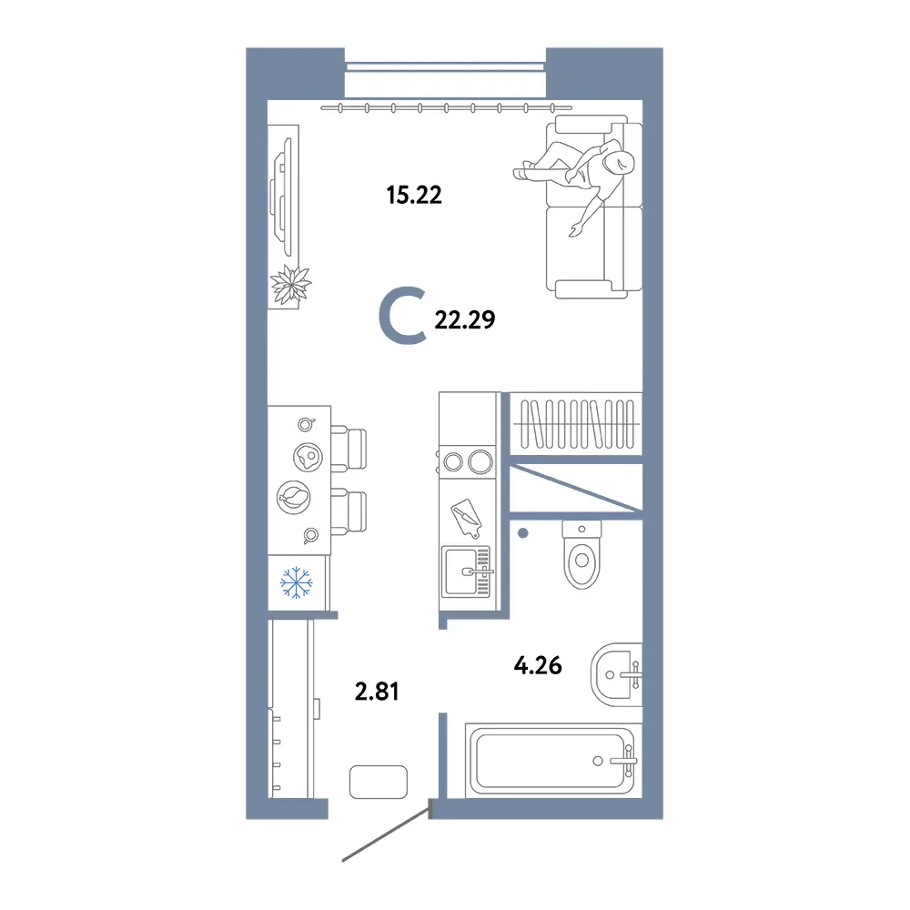 Планировка: Домашний Студия 22,29м²