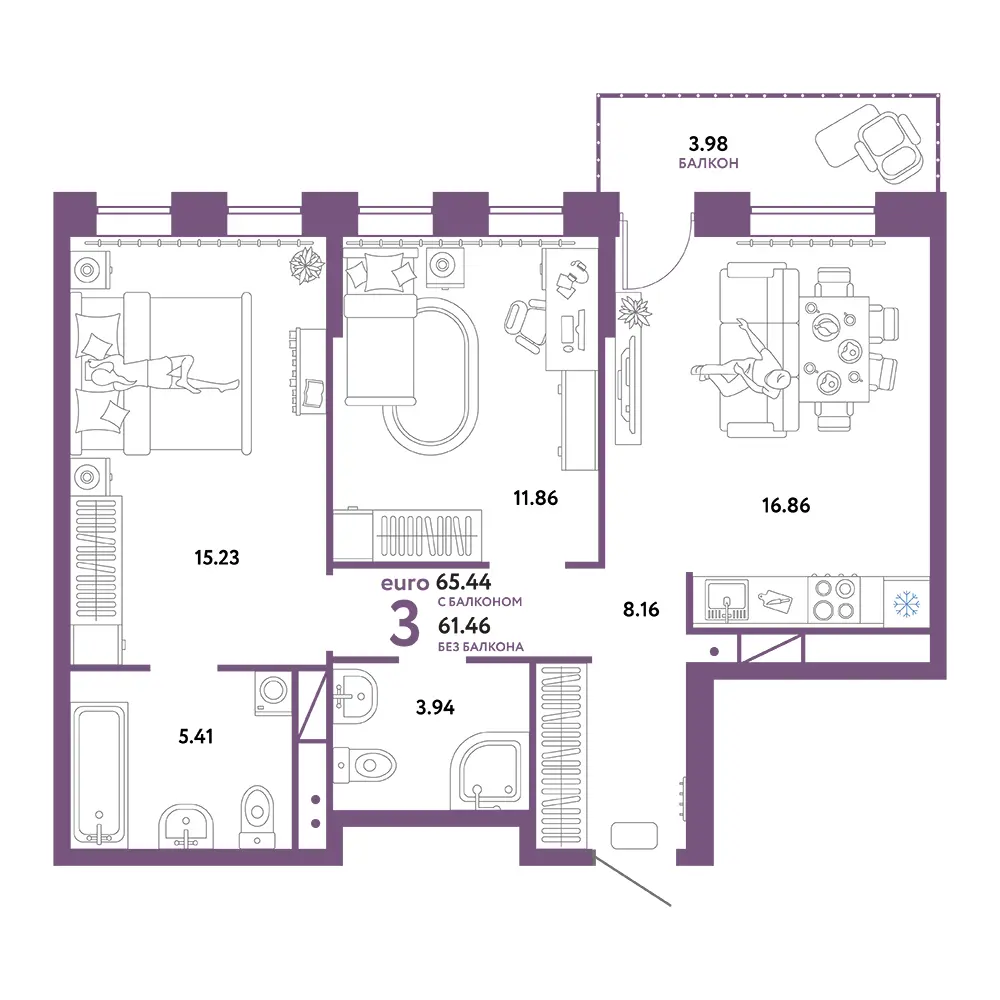 Планировка: Домашний 3-комнатная 65,44м²