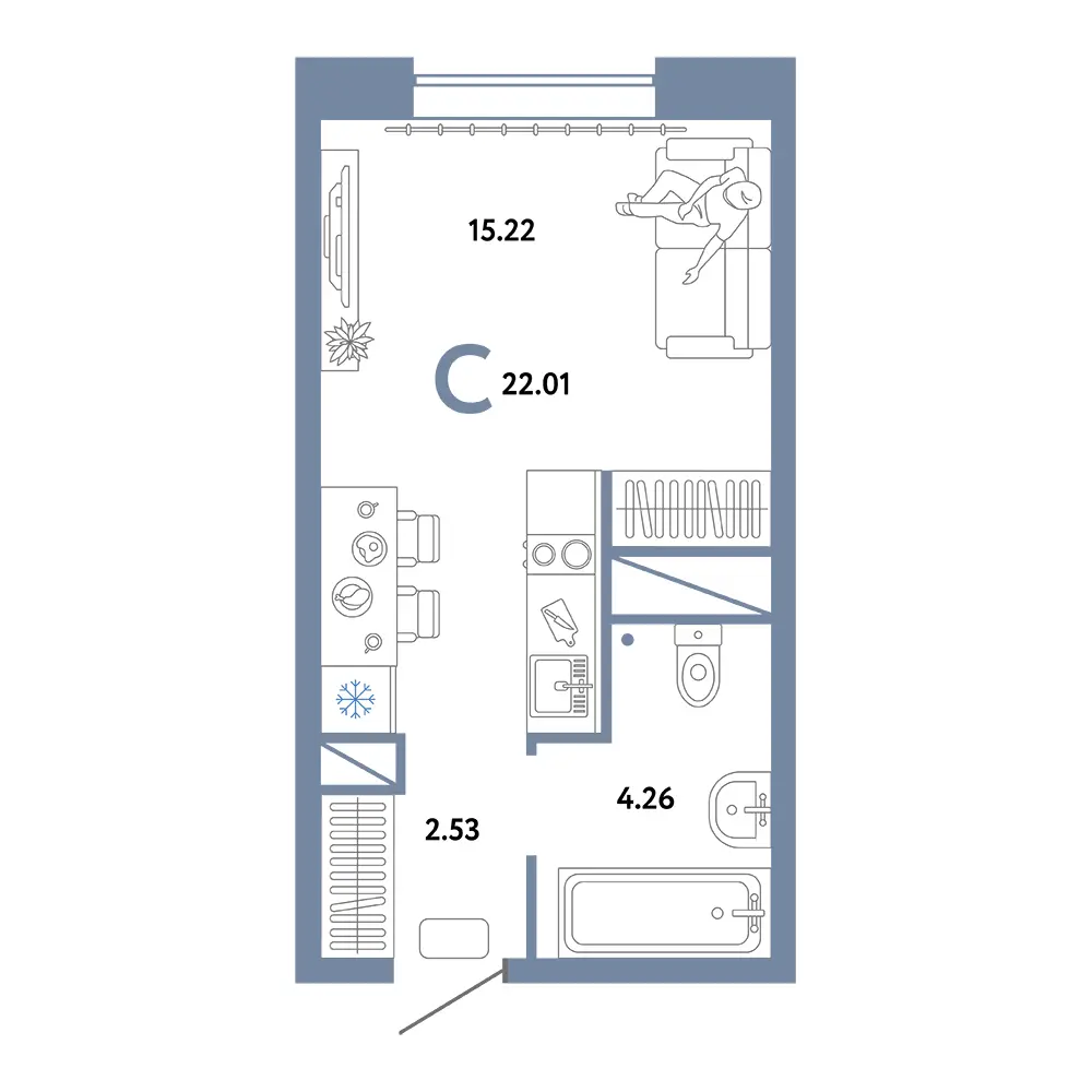 Планировка: Домашний Студия 22,01м²