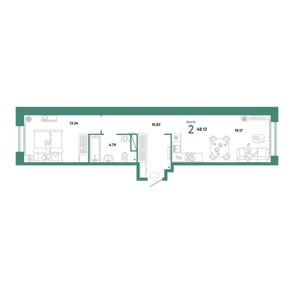 Планировка: Домашний 2-комнатная 48,12м²