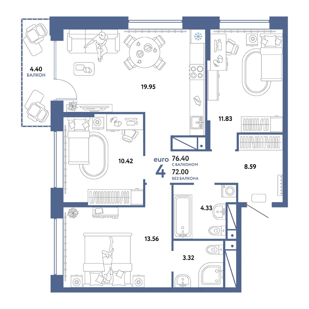 Планировка: Домашний 4-комнатная 76,40м²
