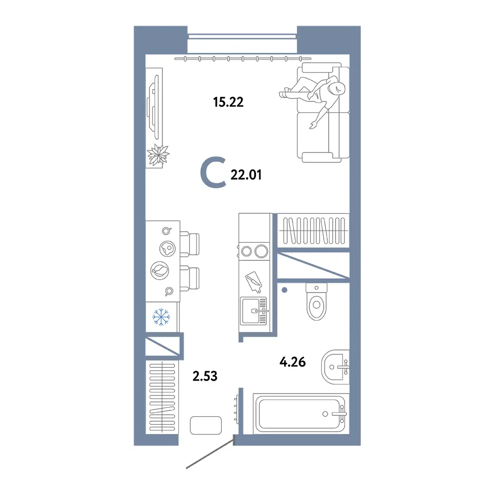 Планировка: Домашний Студия 22,01м²