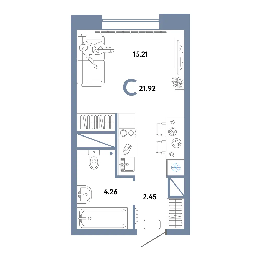 Планировка: Домашний Студия 21,92м²