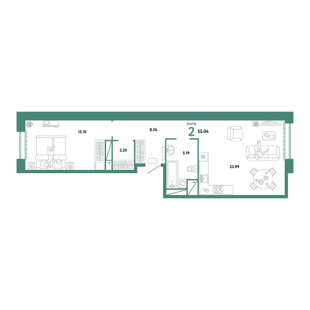 Планировка: Домашний 2-комнатная 55,04м²