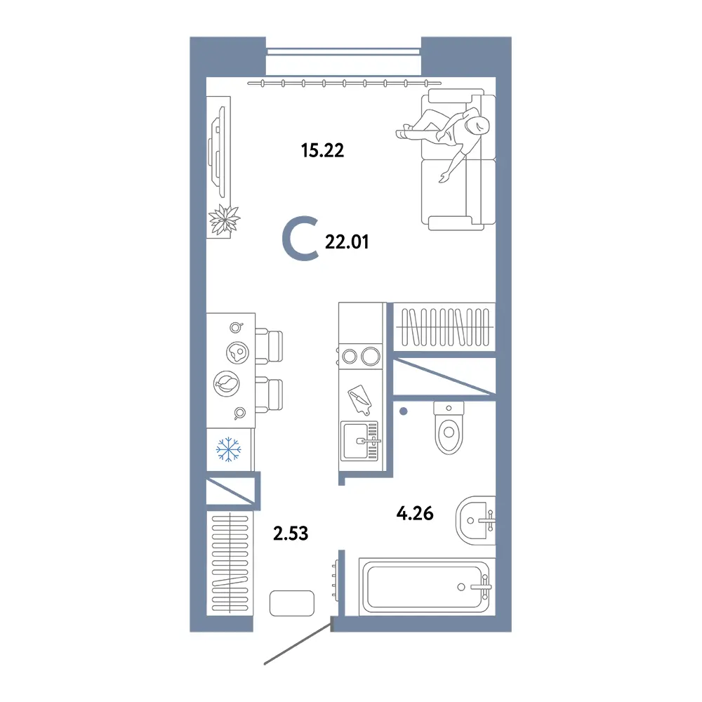 Планировка: Домашний Студия 22,01м²