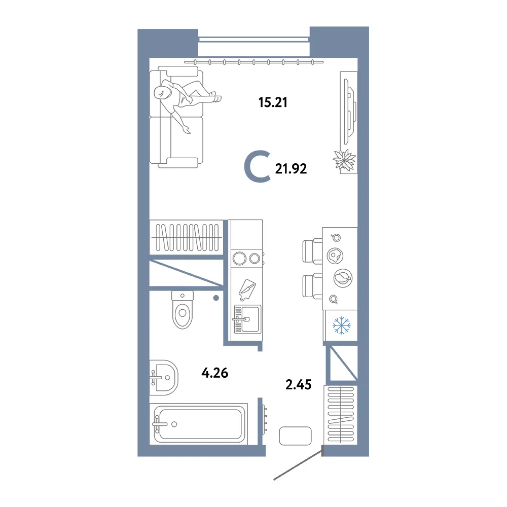 Планировка: Домашний Студия 21,92м²