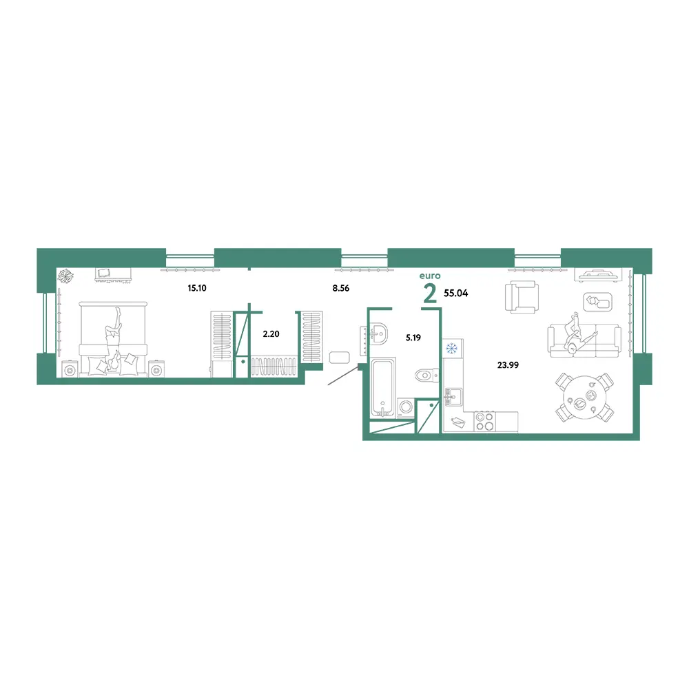 Планировка: Домашний 2-комнатная 55,04м²