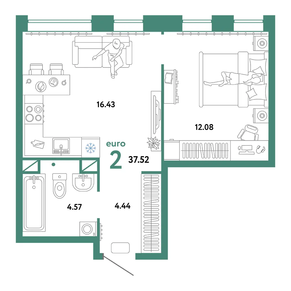 Планировка: Домашний 2-комнатная 37,52м²