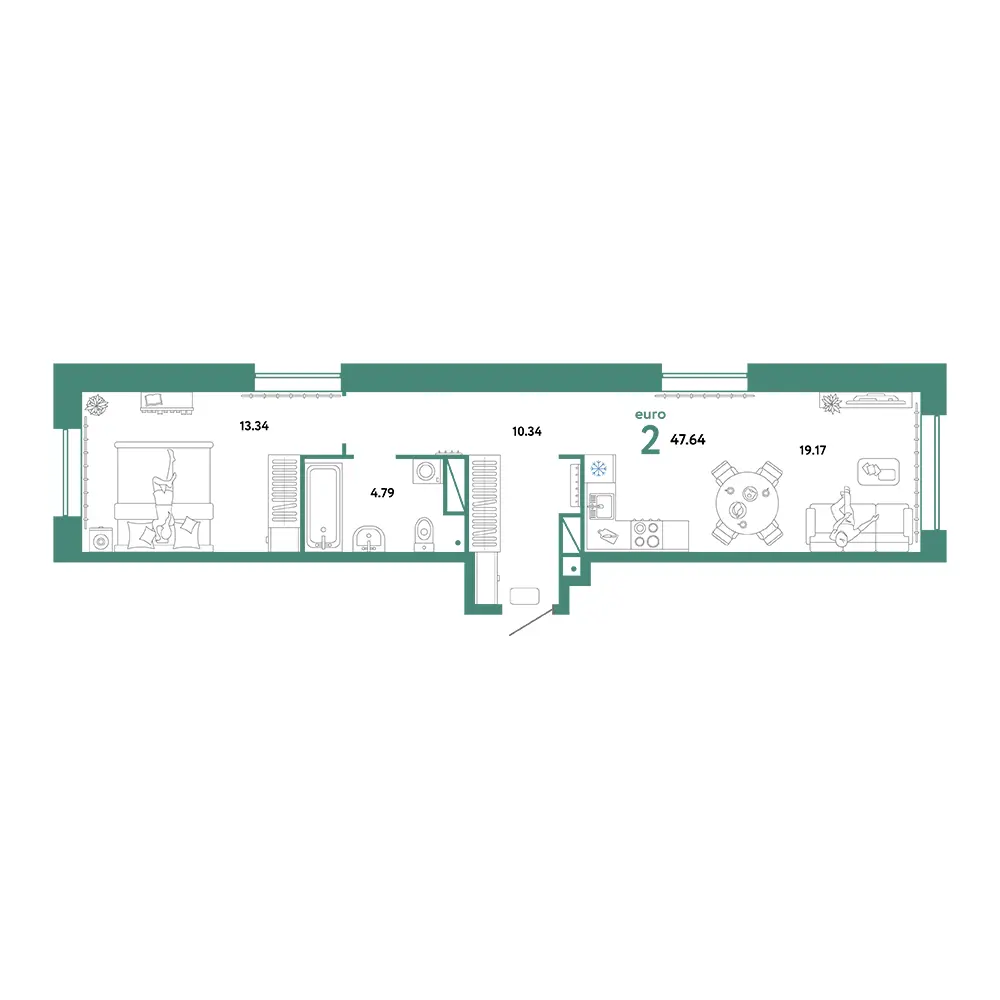 Планировка: Домашний 2-комнатная 47,64м²