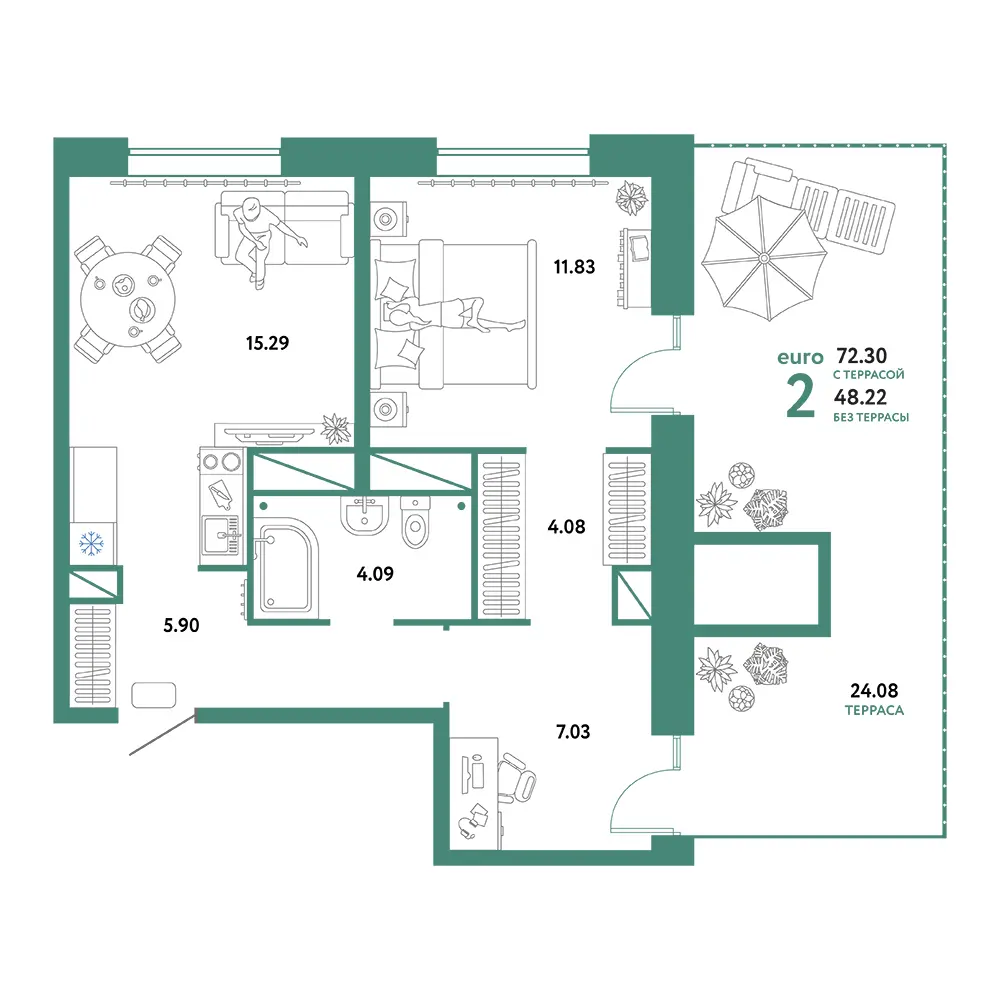 Планировка: Домашний 2-комнатная 72,30м²
