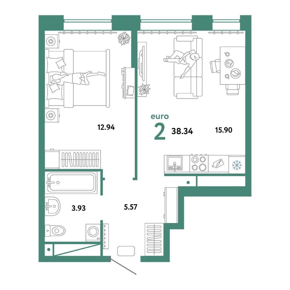 Планировка: Домашний 2-комнатная 38,34м²