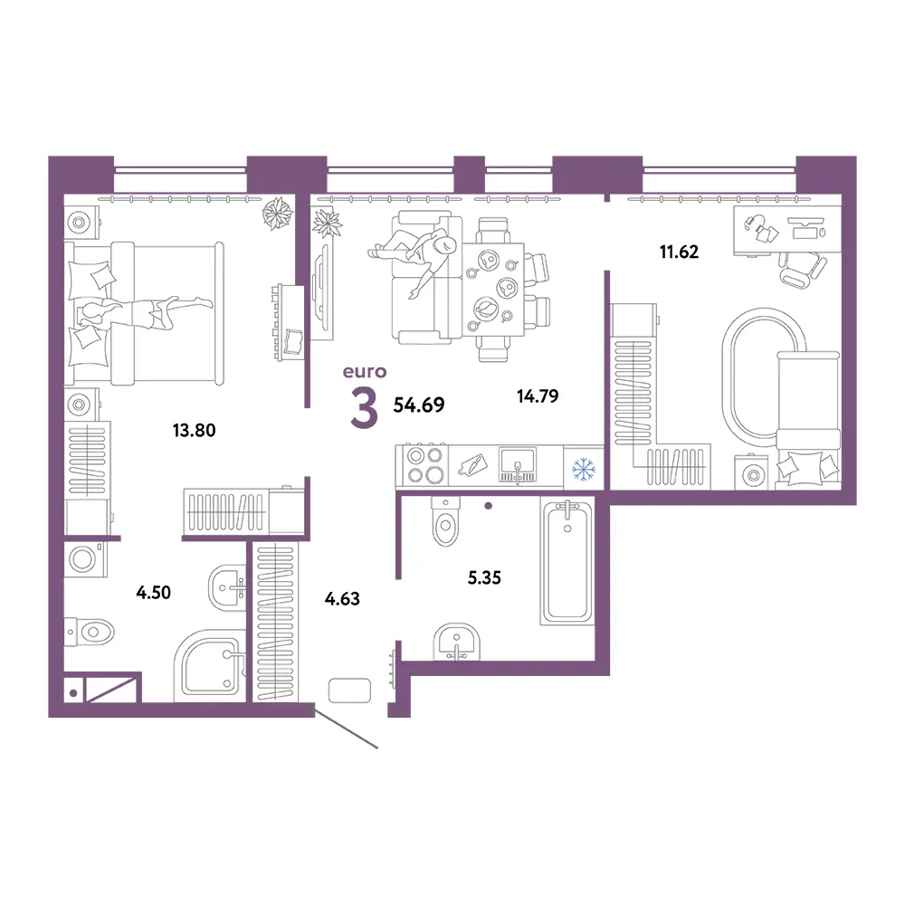Планировка: Домашний 3-комнатная 54,69м²