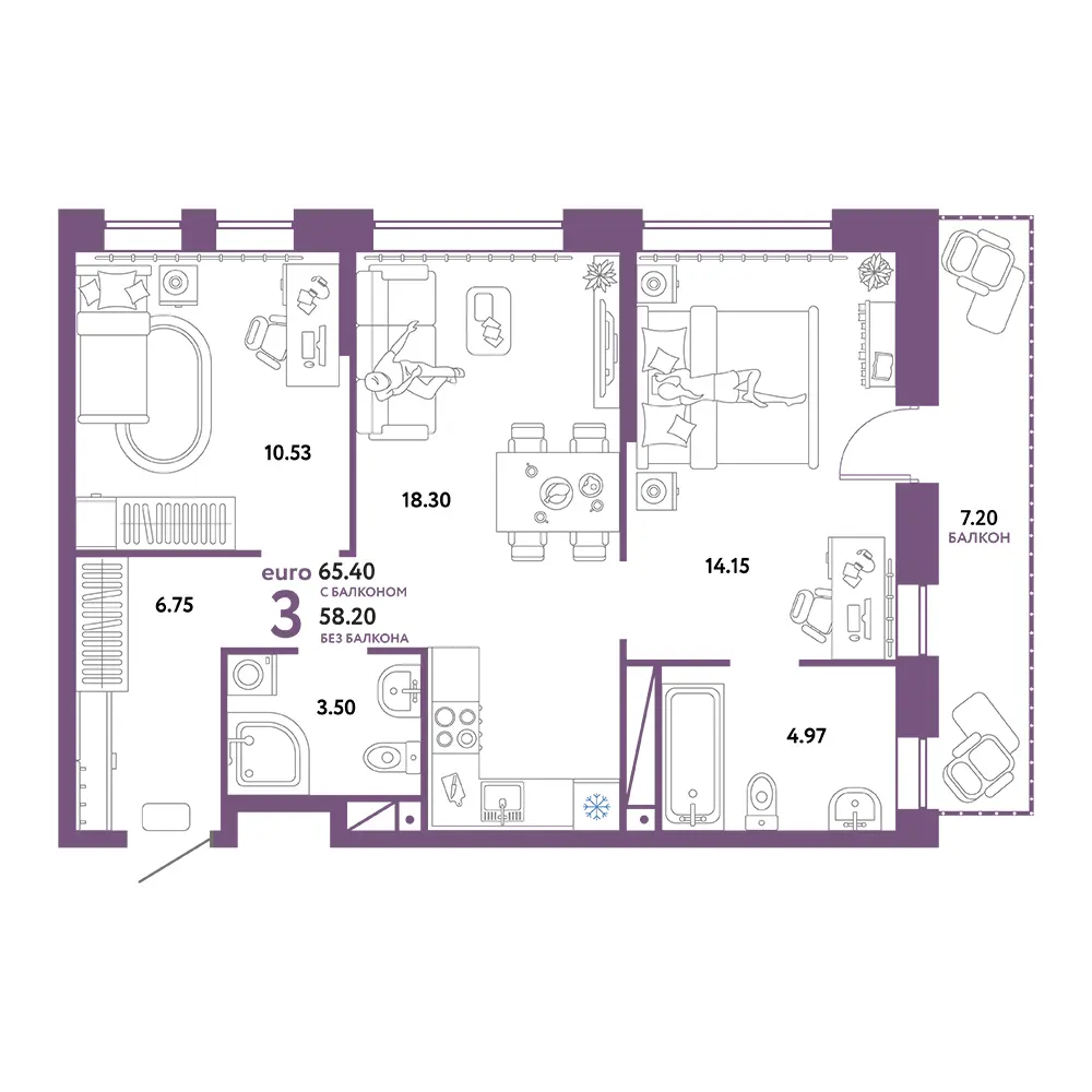 Планировка: Домашний 3-комнатная 65,40м²