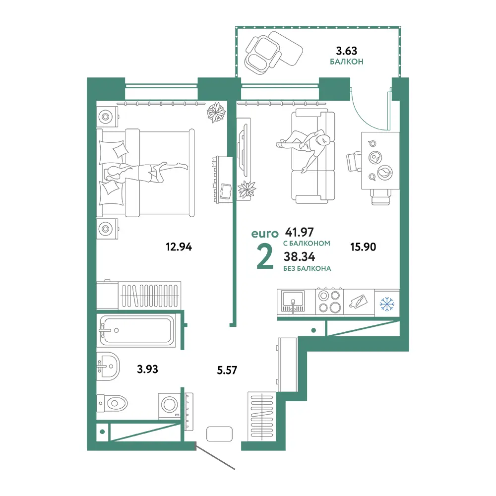 Планировка: Домашний 2-комнатная 41,97м²