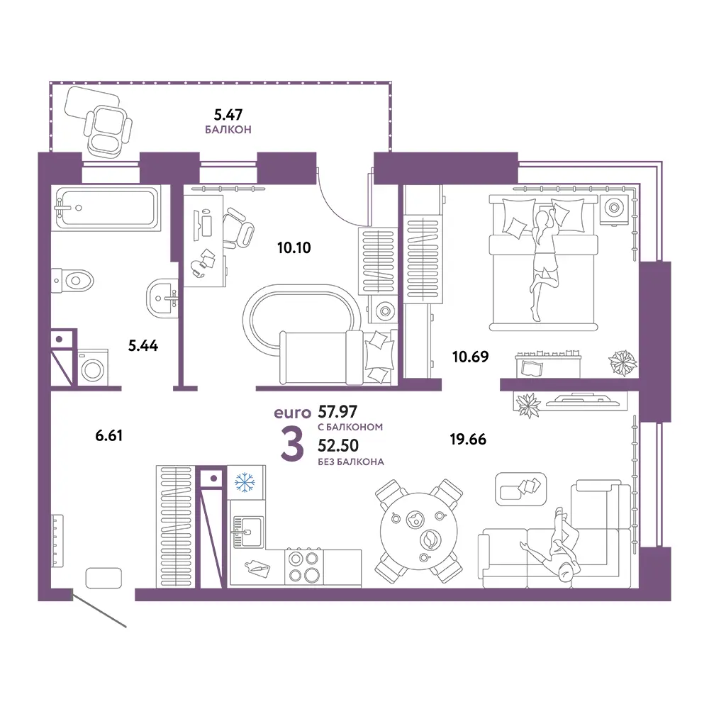 Планировка: Домашний 3-комнатная 57,97м²