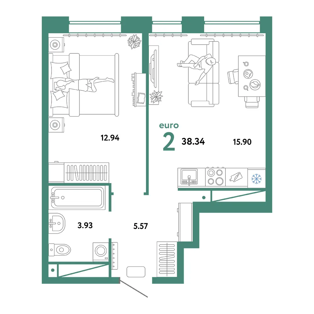 Планировка: Домашний 2-комнатная 38,34м²