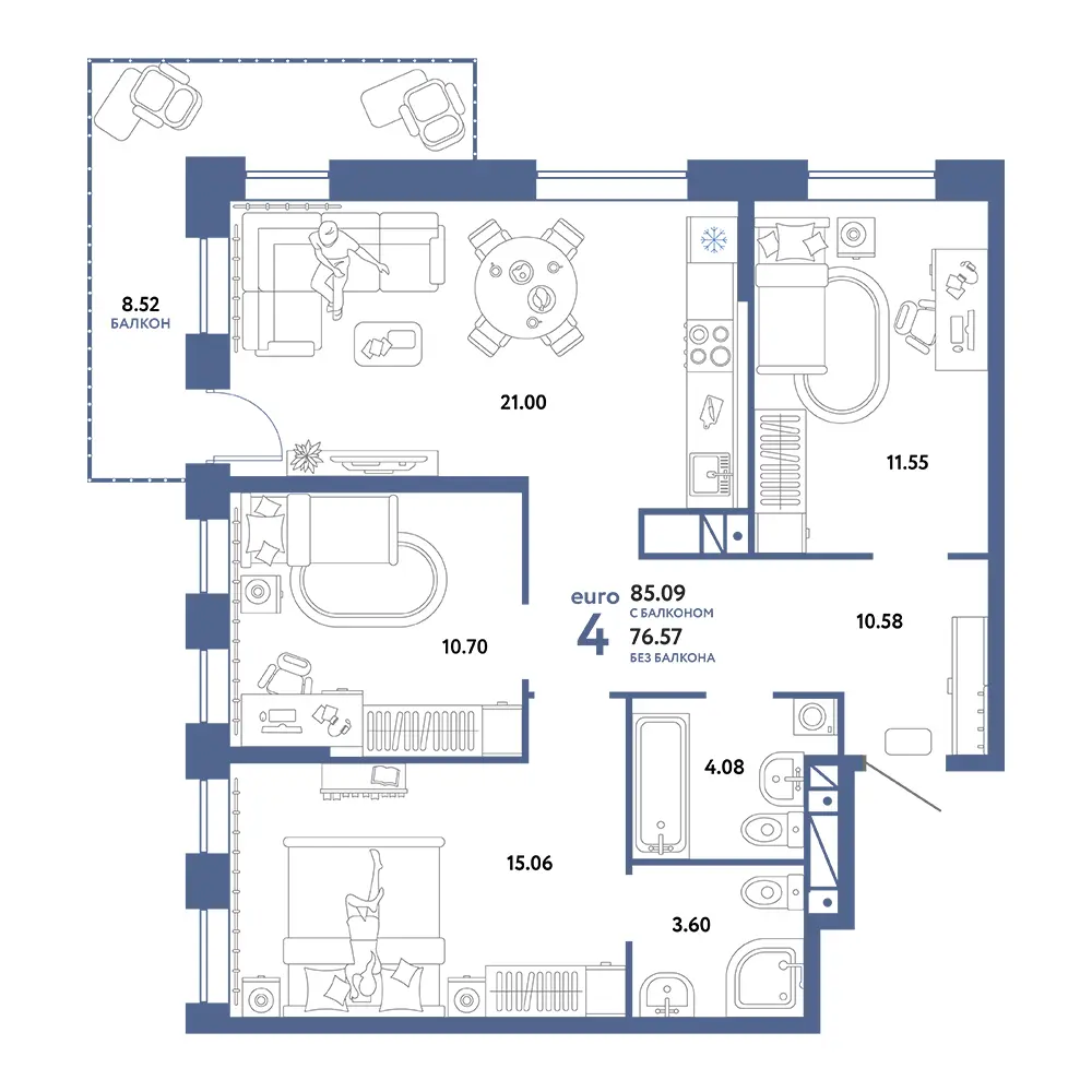 Планировка: Домашний 4-комнатная 85,09м²