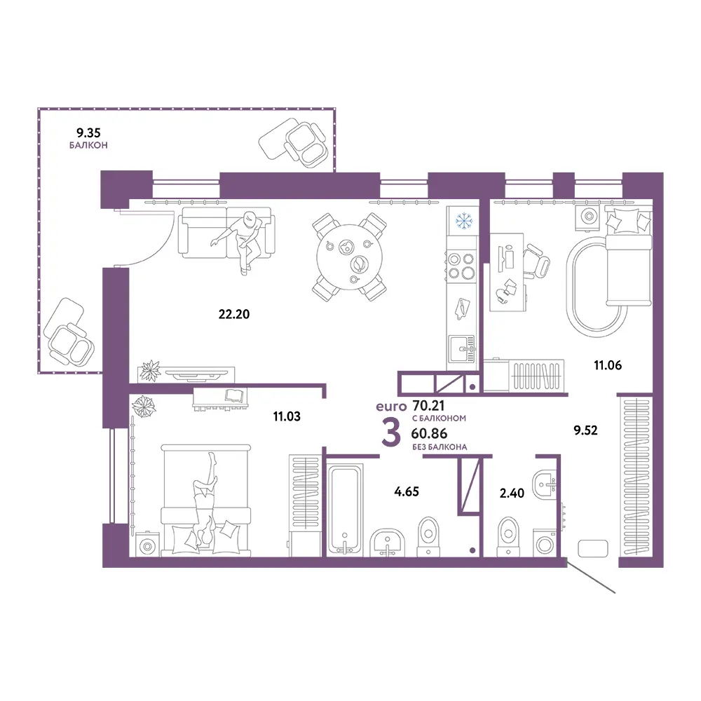 Планировка: Домашний 3-комнатная 70,21м²
