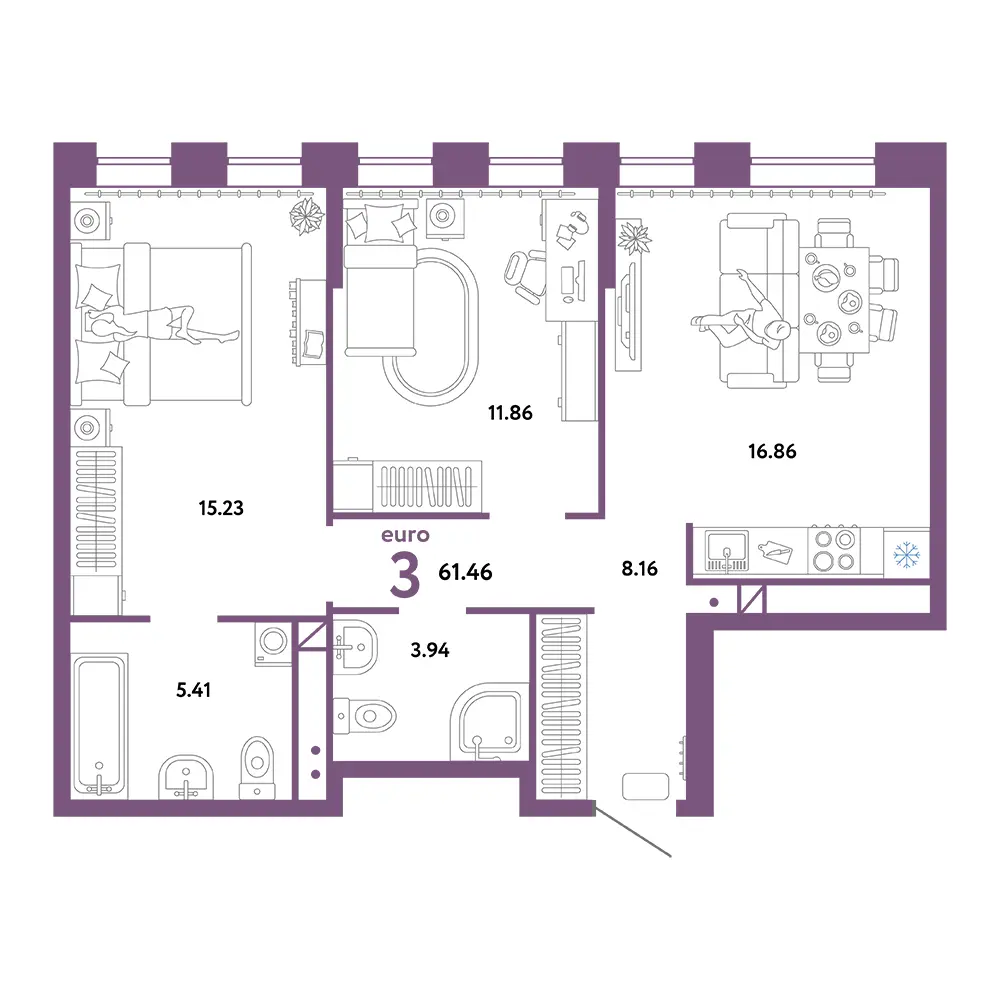 Планировка: Домашний 3-комнатная 61,46м²