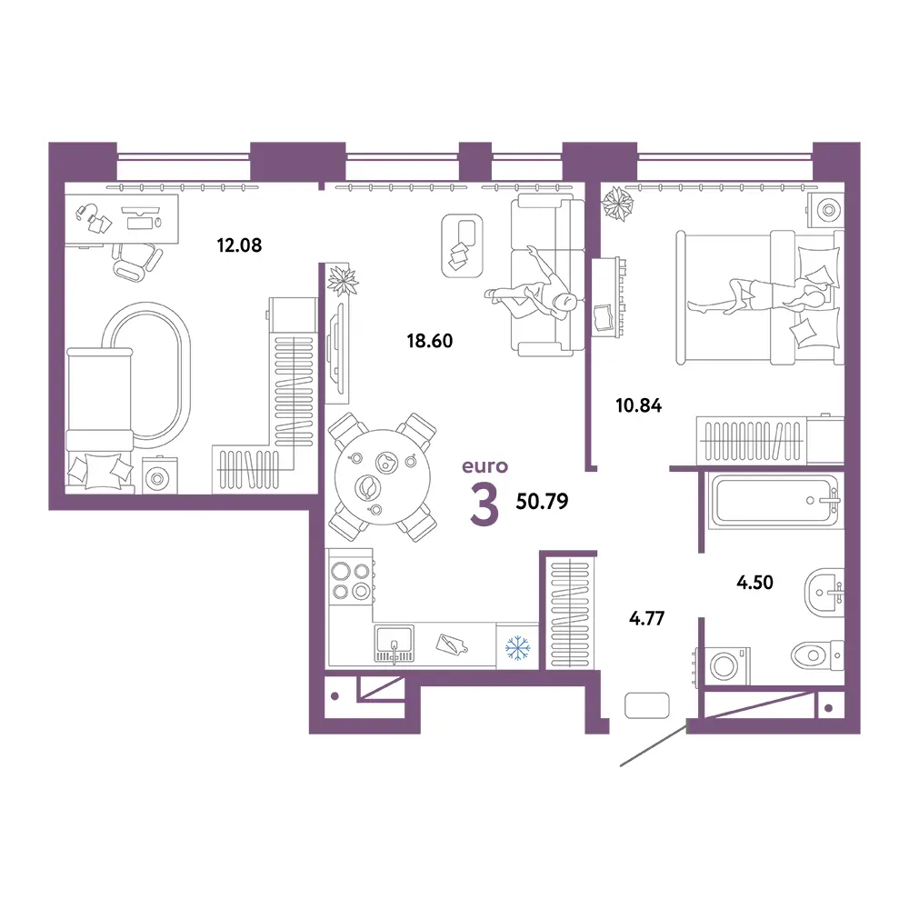 Планировка: Домашний 3-комнатная 50,79м²