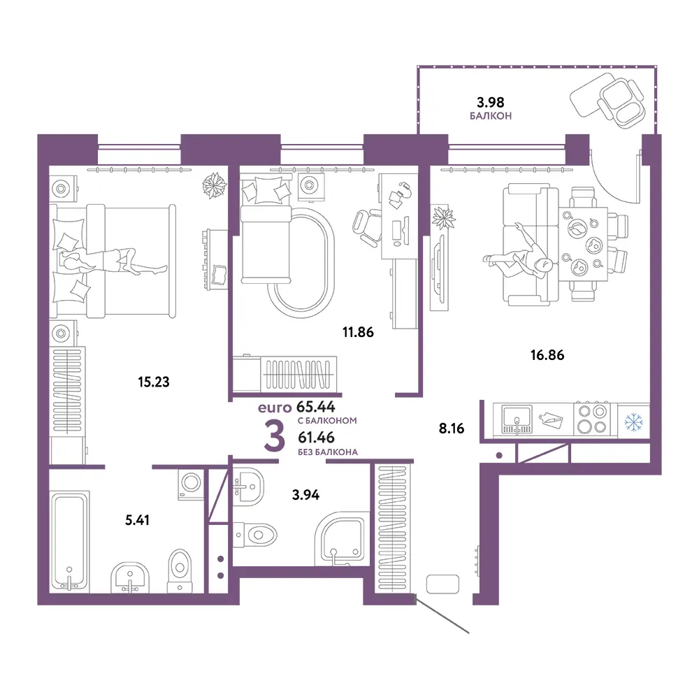 Планировка: Домашний 3-комнатная 65,44м²