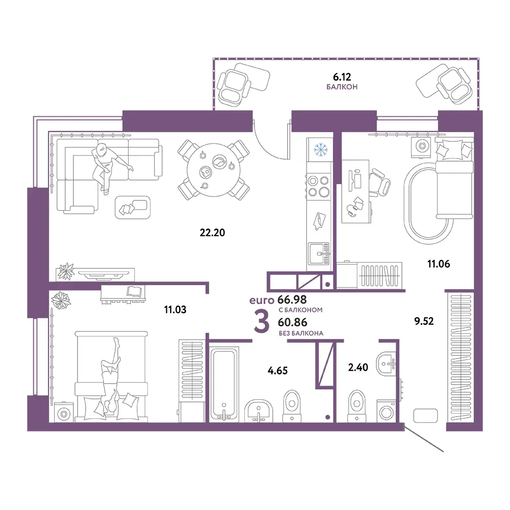 Планировка: Домашний 3-комнатная 66,98м²