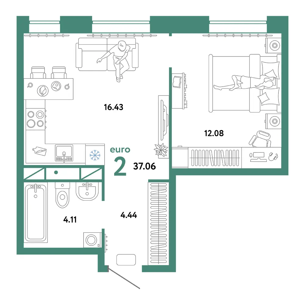 Планировка: Домашний 2-комнатная 37,06м²