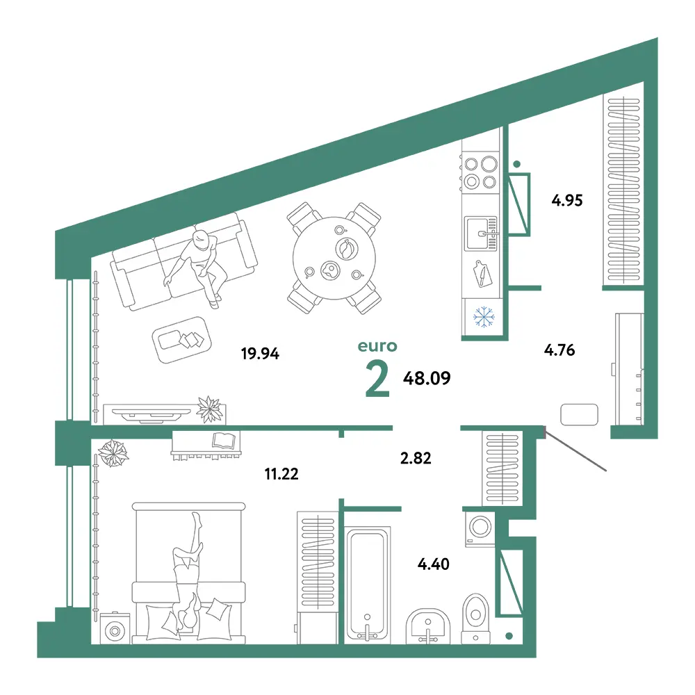 Планировка: Домашний 2-комнатная 48,09м²