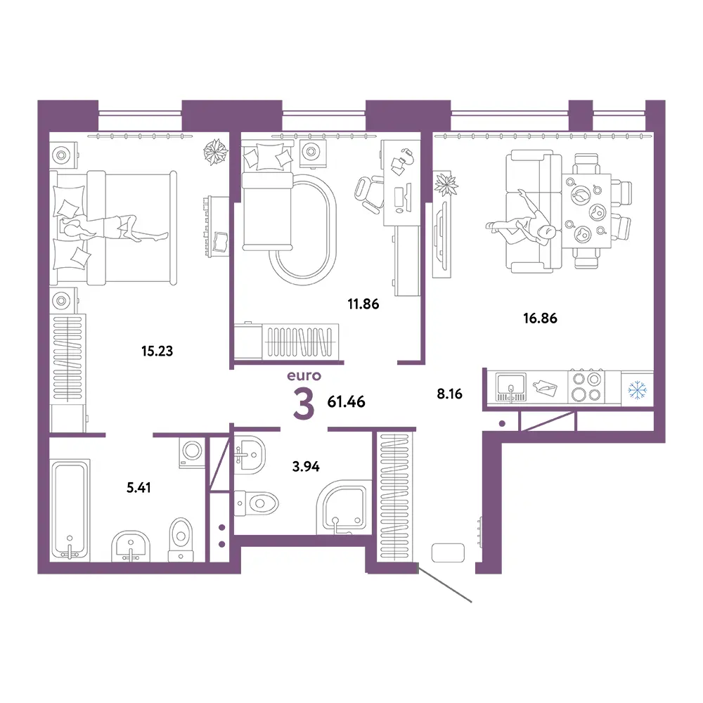 Планировка: Домашний 3-комнатная 61,46м²
