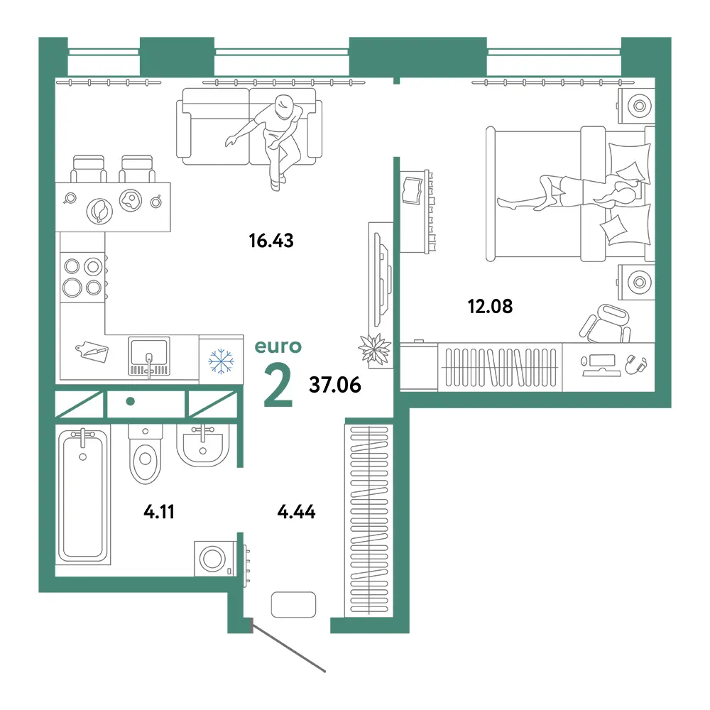 Планировка: Домашний 2-комнатная 37,06м²