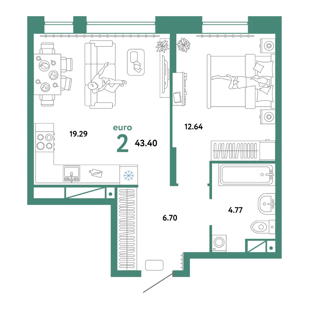 Планировка: Домашний 2-комнатная 43,40м²