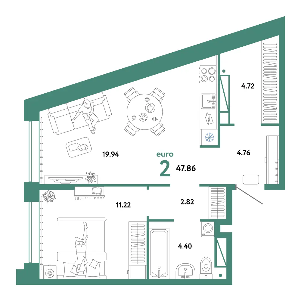 Планировка: Домашний 2-комнатная 47,86м²