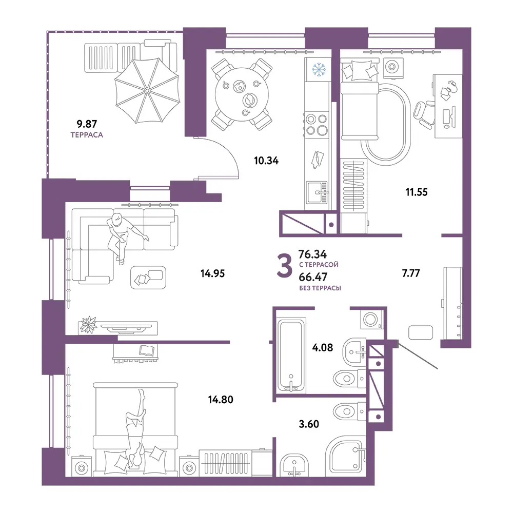 Планировка: Домашний 3-комнатная 76,34м²