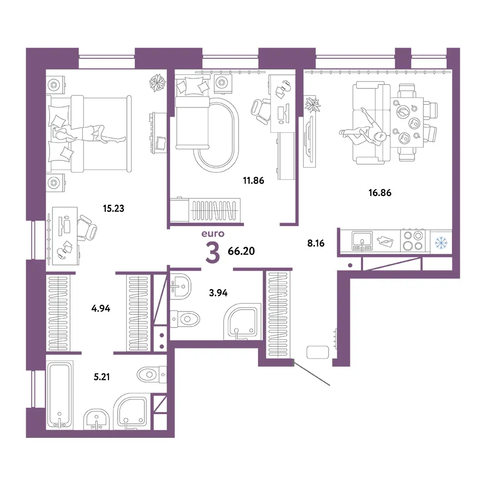 Планировка: Домашний 3-комнатная 66,20м²