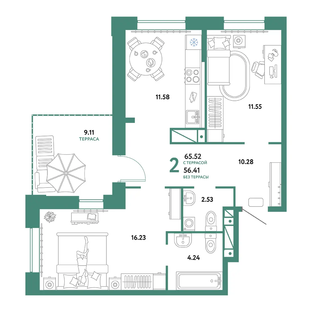 Планировка: Домашний 2-комнатная 65,52м²