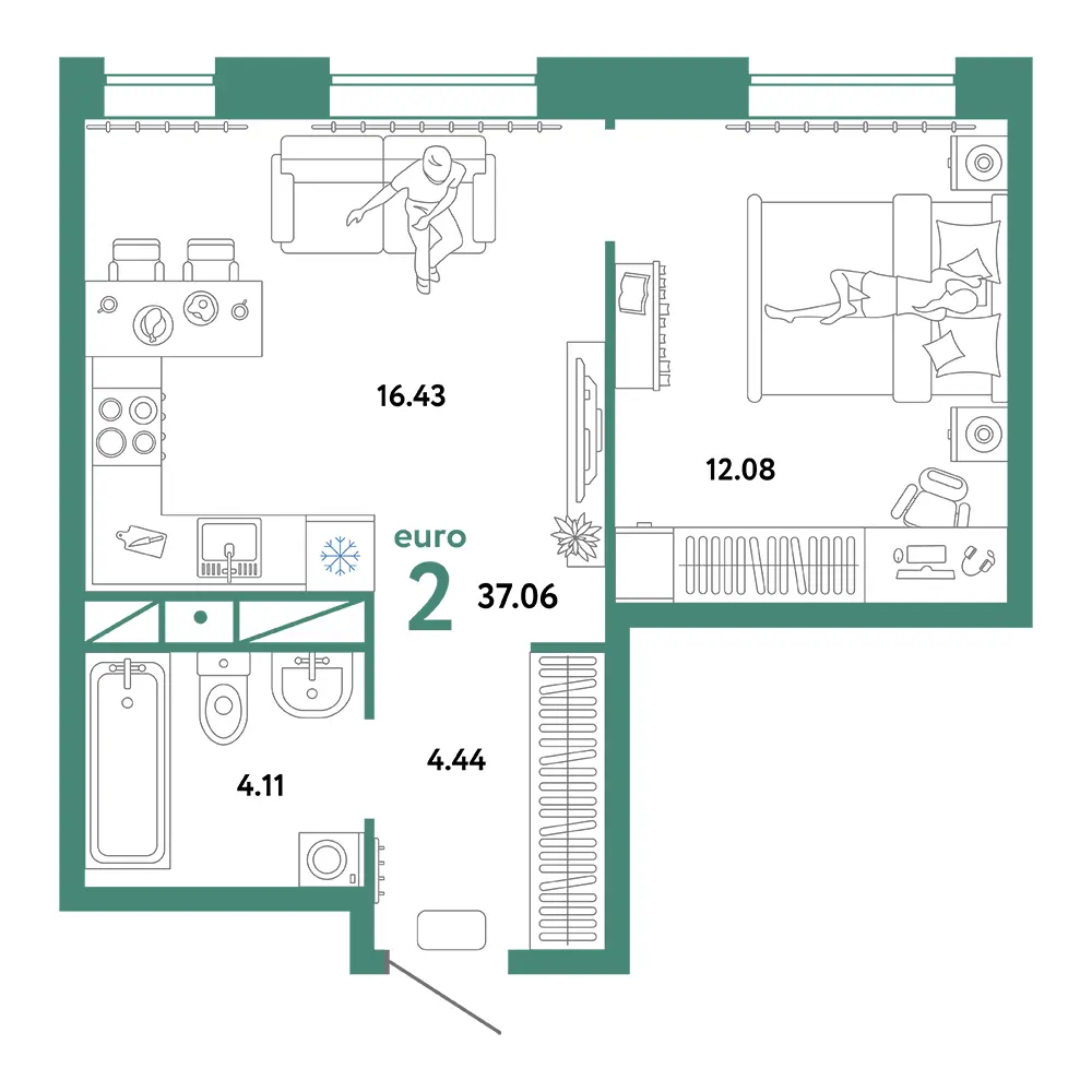 Планировка: Домашний 2-комнатная 37,06м²