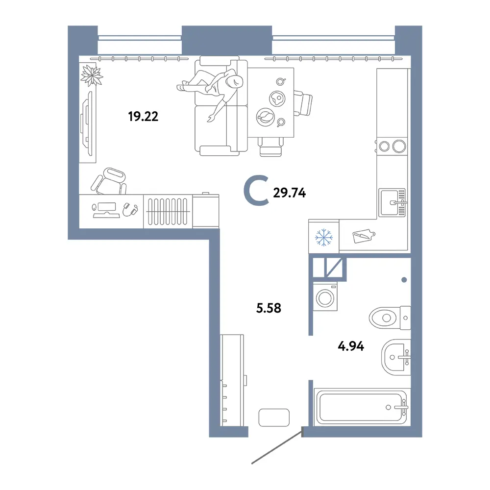 Планировка: Домашний Студия 29,74м²