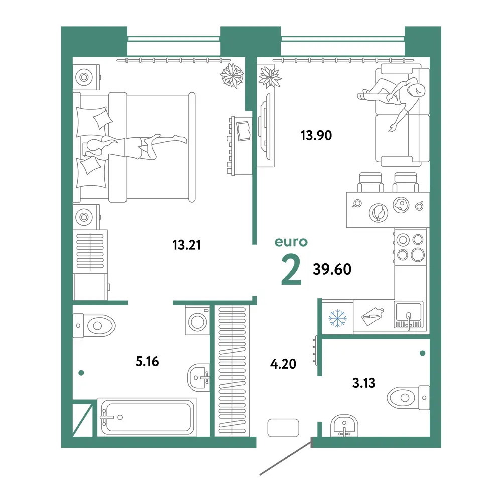 Планировка: Домашний 2-комнатная 39,60м²