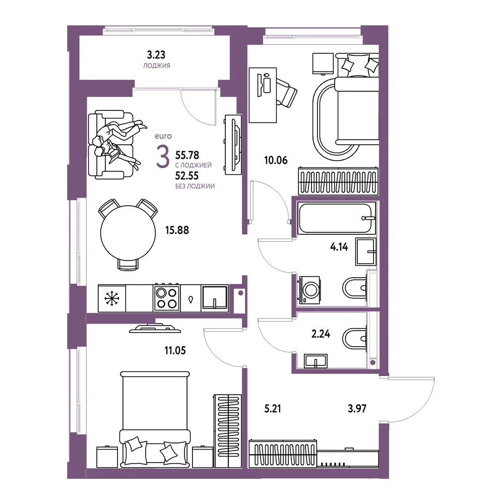 Планировка: Домашний 3-комнатная 55,78м²