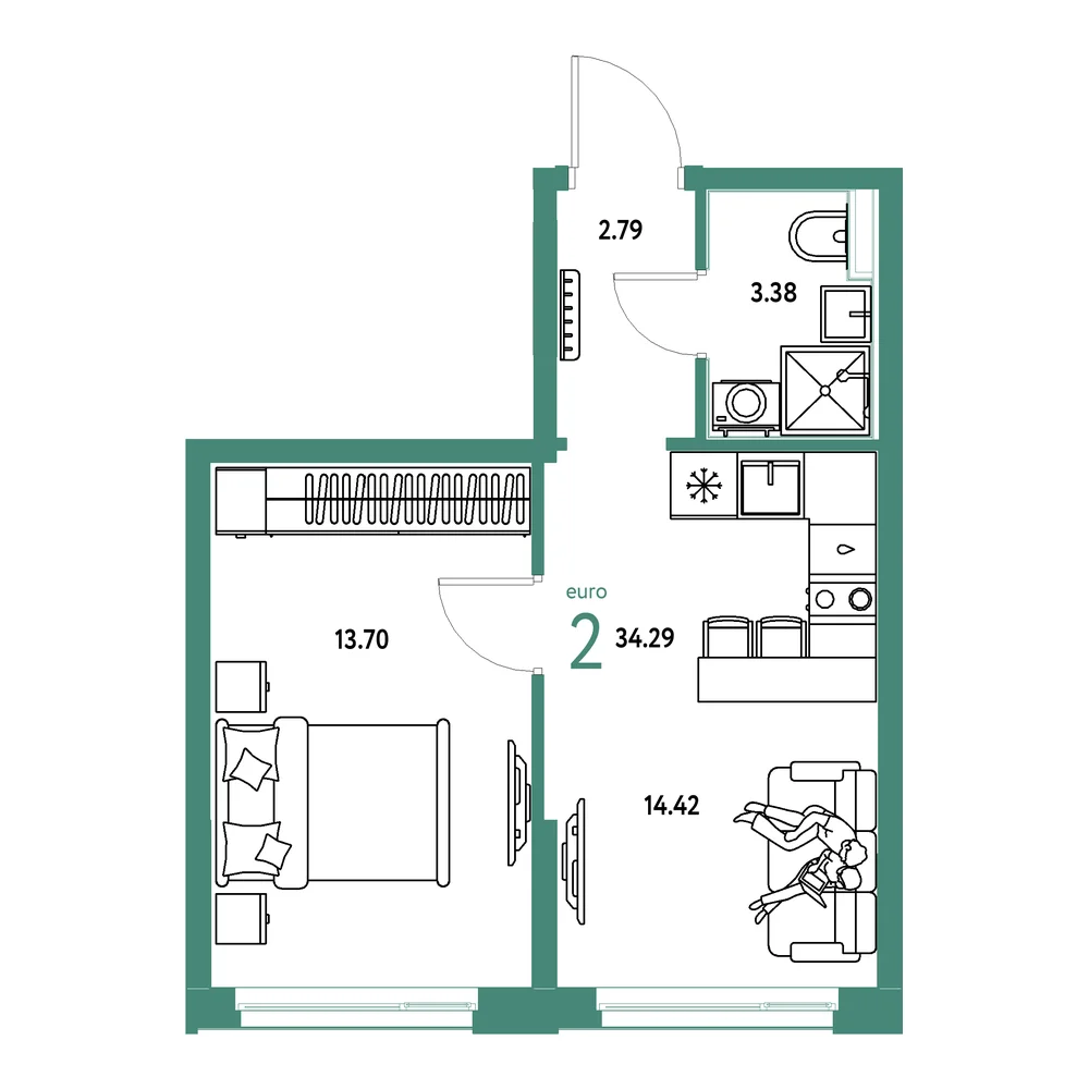 Планировка: Домашний 2-комнатная 34,29м²