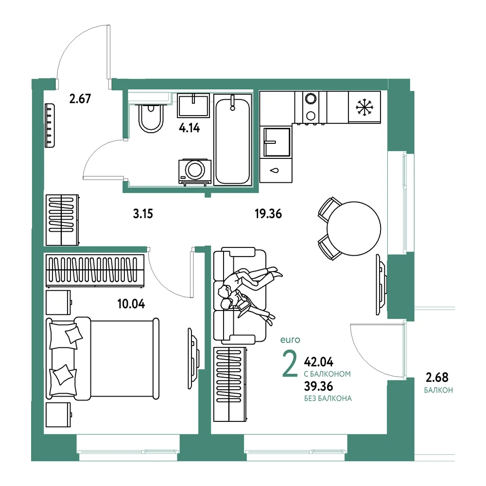 Планировка: Домашний 2-комнатная 42,04м²